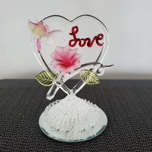 Glass Heart Sculpture with Pink Flower, Green Leaves and Hummingbird.